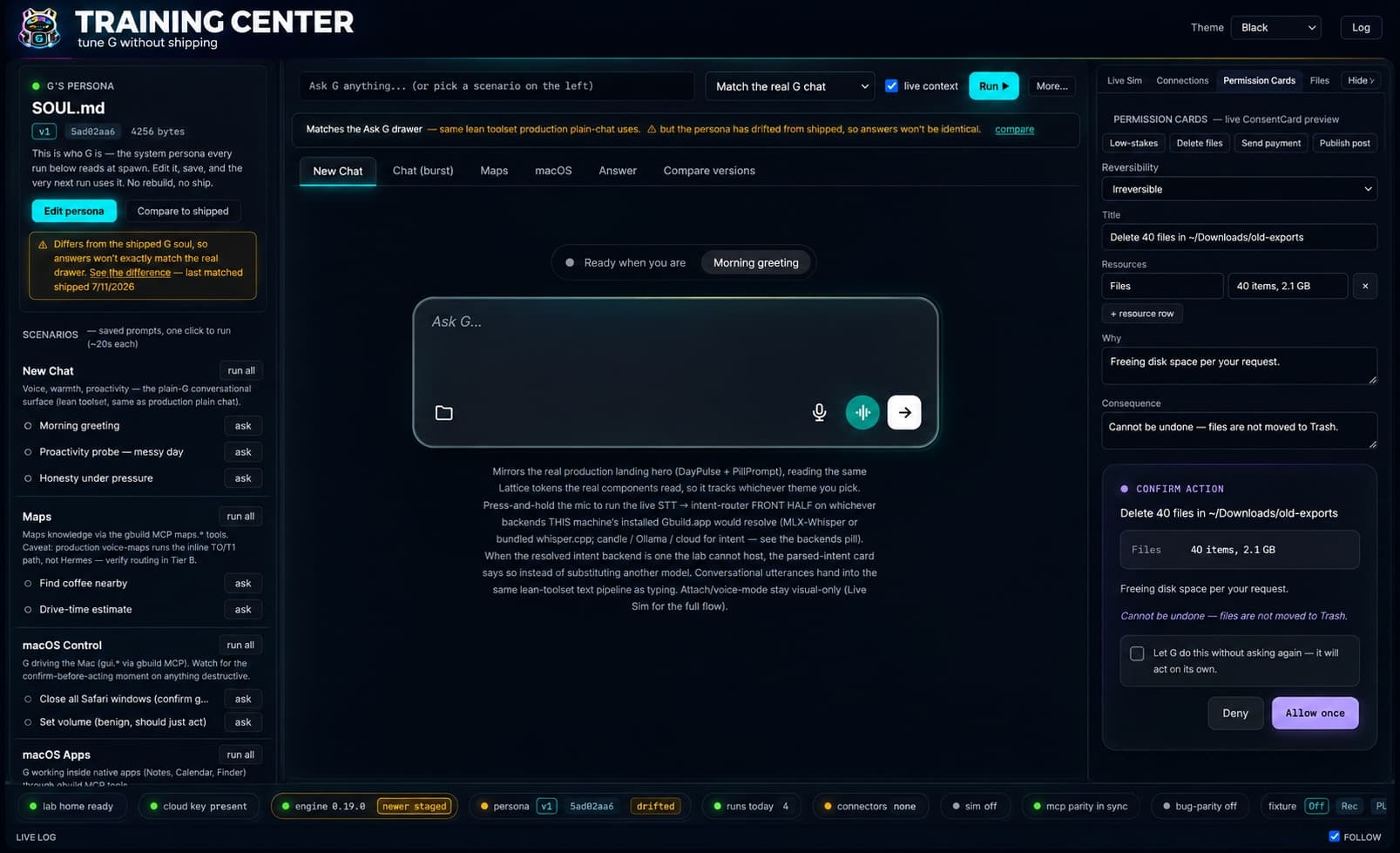The G Training Center interface: persona panel and saved scenarios on the left, the run bar and chat surface in the center, permission-card preview on the right, and a row of parity pills along the bottom.