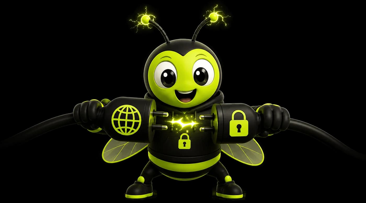 The Latch mascot holding two cable connectors together — one end marked with a globe, the other with a padlock — with a lime spark where they join.