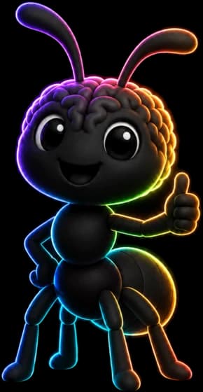 The anthill mascot, a neon-rimmed ant with a brain-textured head, giving a thumbs up.